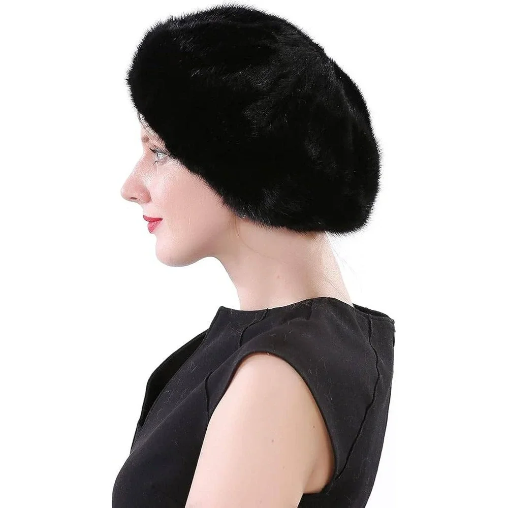 MSRP $60 YXCFEWD Women's Beret Black Real Mink Fur Hat Knit‎ Russian Winter Cap